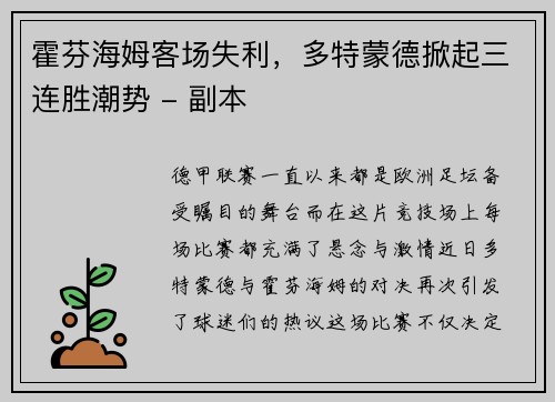 霍芬海姆客场失利，多特蒙德掀起三连胜潮势 - 副本