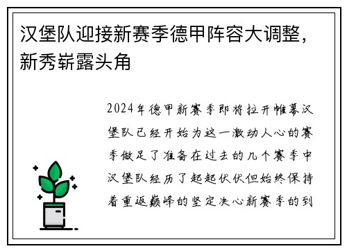 汉堡队迎接新赛季德甲阵容大调整，新秀崭露头角
