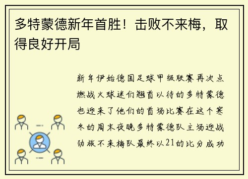 多特蒙德新年首胜！击败不来梅，取得良好开局