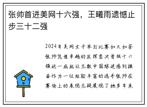 张帅首进美网十六强，王曦雨遗憾止步三十二强