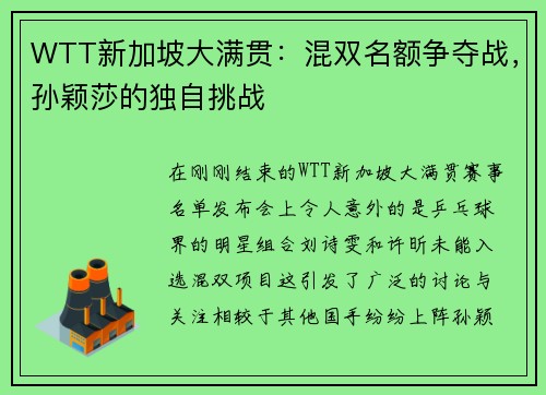 WTT新加坡大满贯：混双名额争夺战，孙颖莎的独自挑战