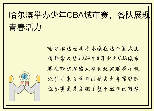 哈尔滨举办少年CBA城市赛，各队展现青春活力