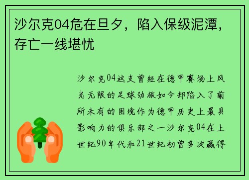 沙尔克04危在旦夕，陷入保级泥潭，存亡一线堪忧